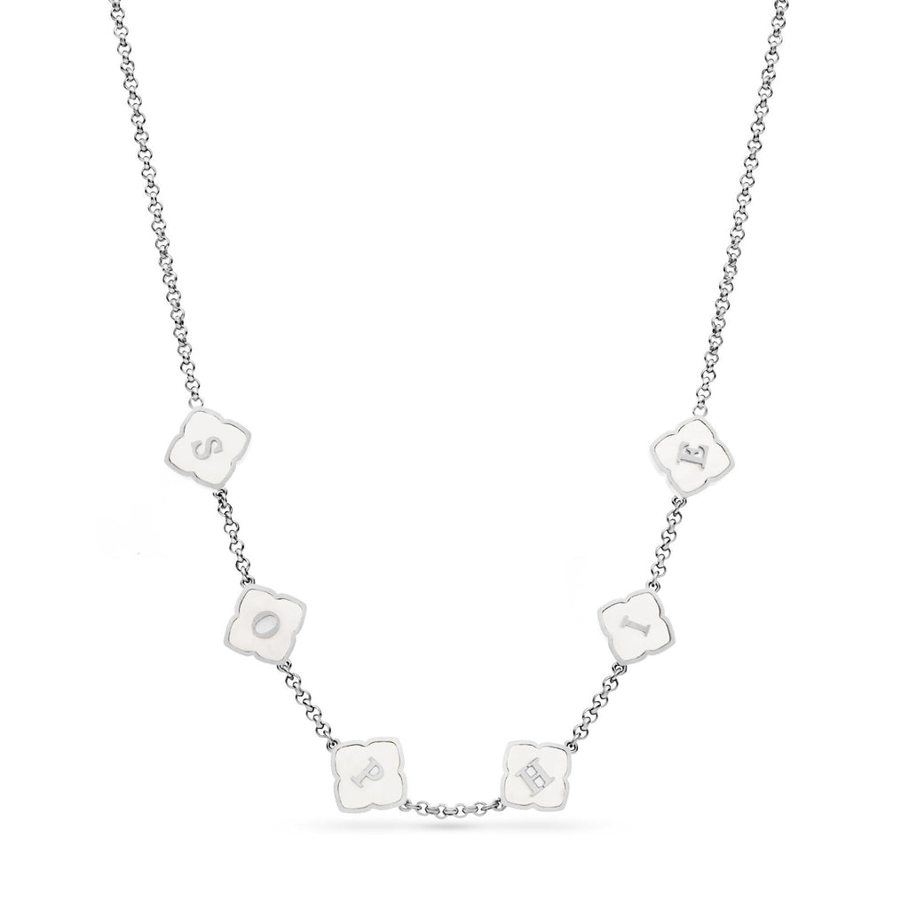 Collier trèfle nacre personnalisé argenté, prénom SOPHIE en 6 trèfles de nacre sur chaîne en acier inoxydable