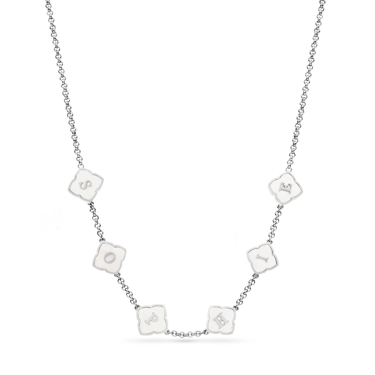 Collier trèfle nacre personnalisé argenté, prénom SOPHIE en 6 trèfles de nacre sur chaîne en acier inoxydable