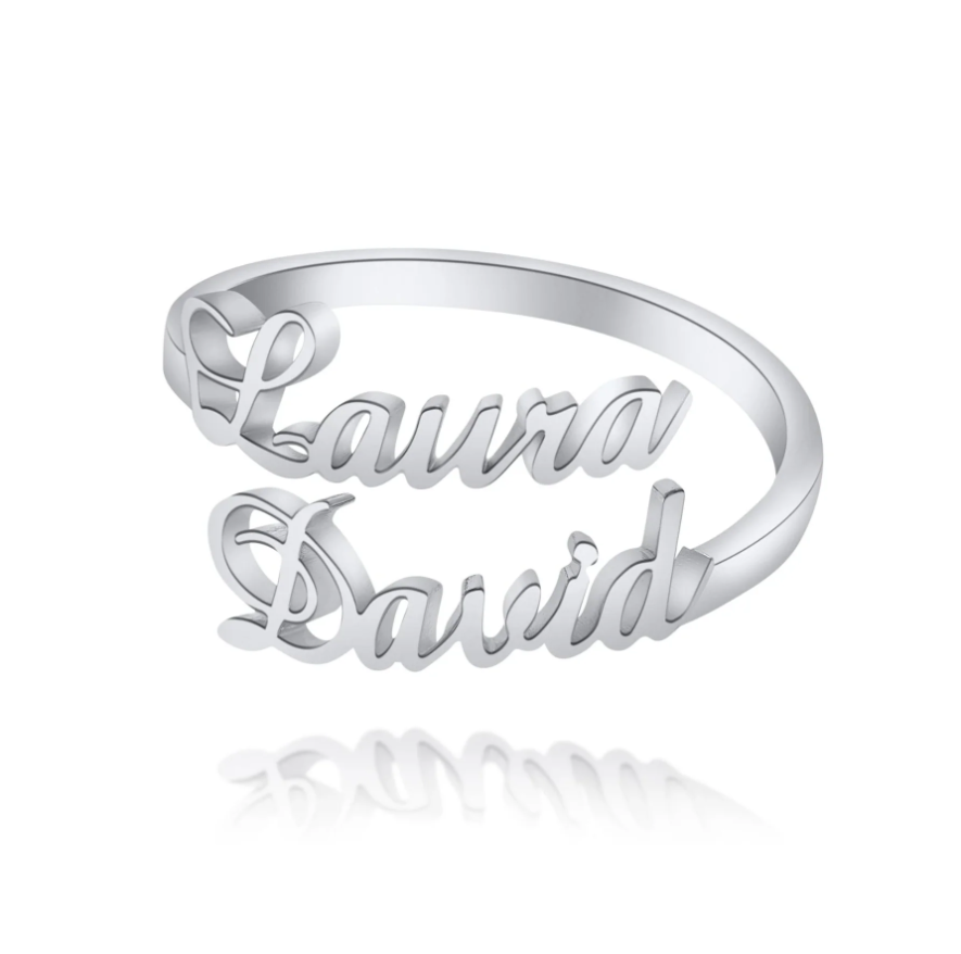 Bague personnalisée en acier inoxydable finition argent, gravure de prénom sur l'anneau