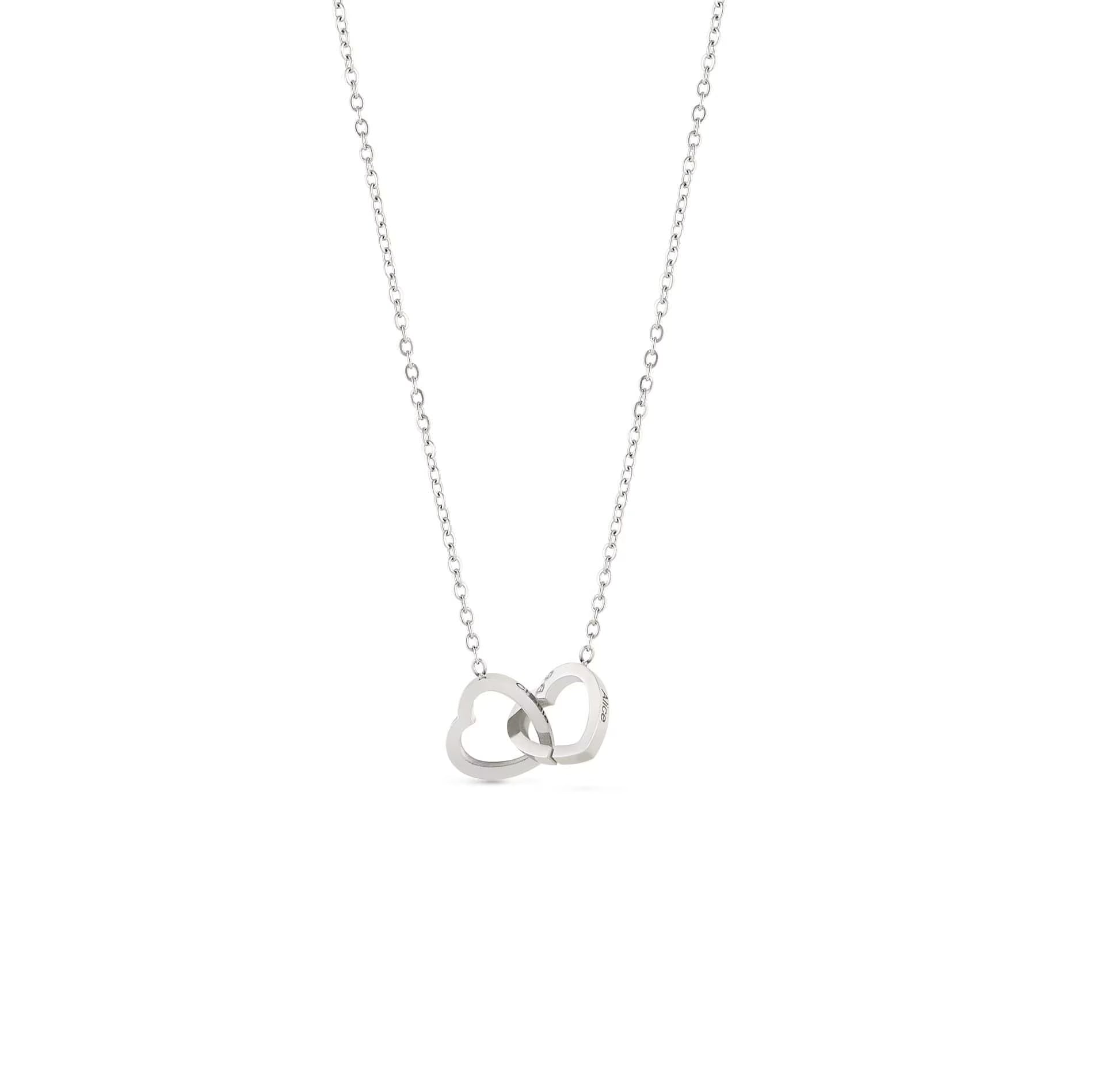Collier couple deux cœurs gravés en finition argentée, acier inoxydable