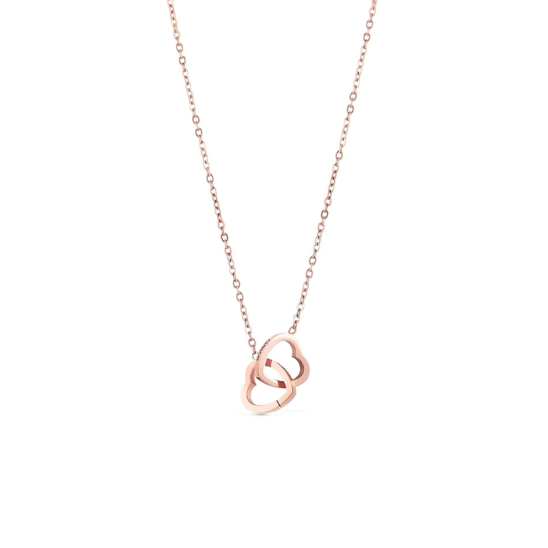 Collier couple deux cœurs gravés en finition or rose, acier inoxydable