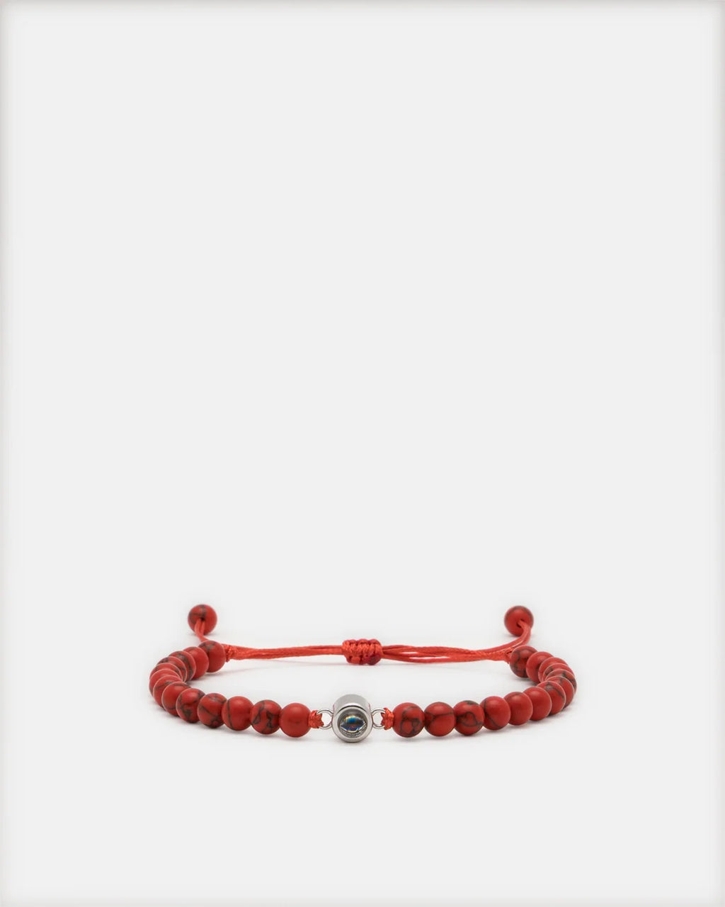Bracelet pierre naturelle Jaspe rouge avec perle projection photo argentée et cordon réglable
