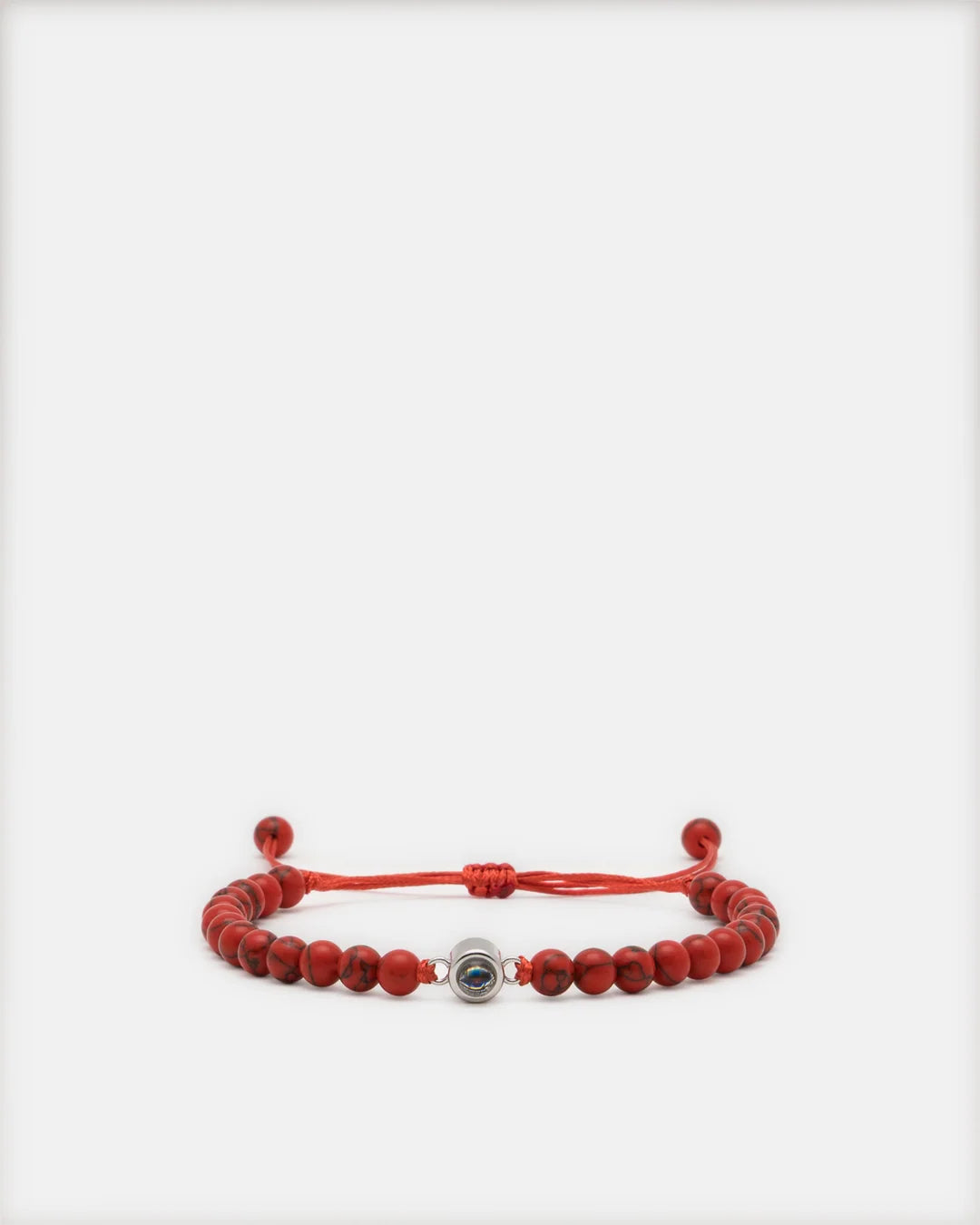Bracelet pierre naturelle Jaspe rouge avec perle projection photo argentée et cordon réglable