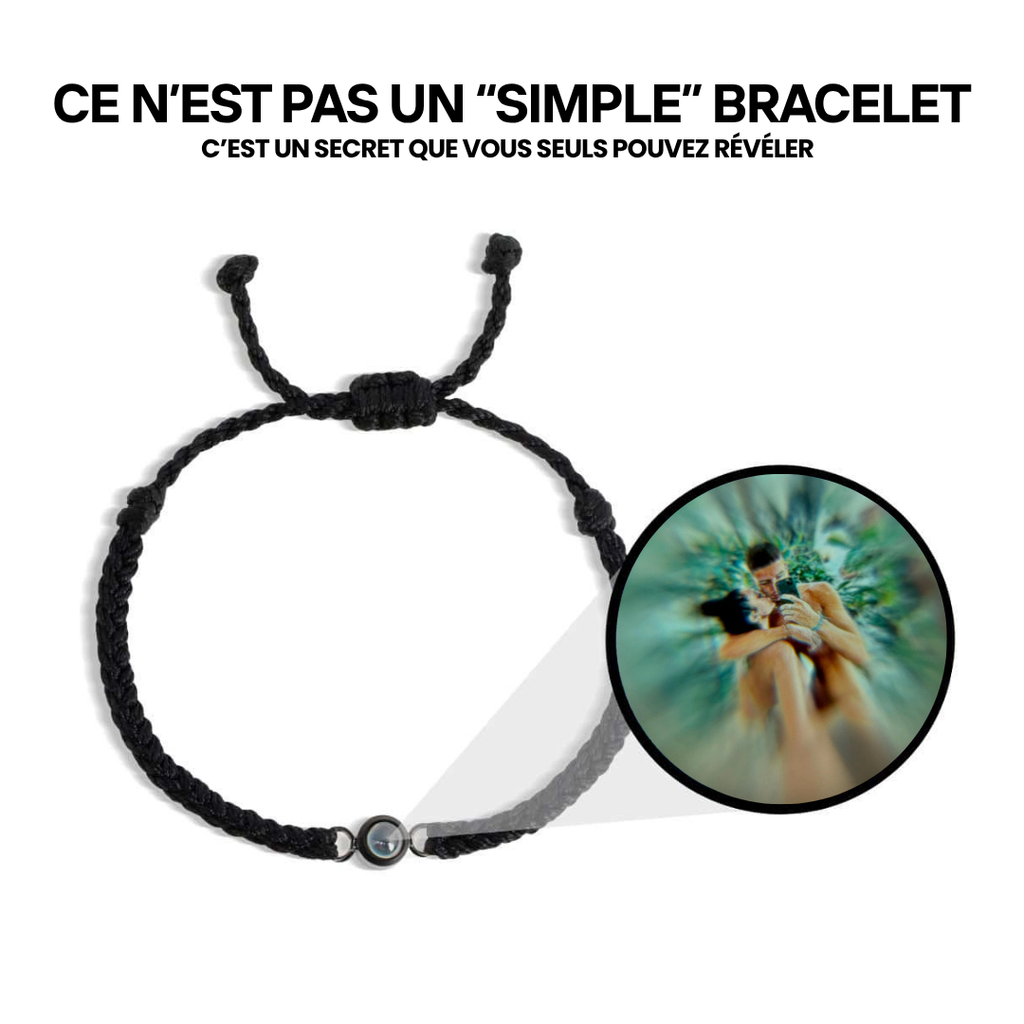 Bracelet couple tressé noir à projection photo : la photo d'un couple cachée dans la pierre