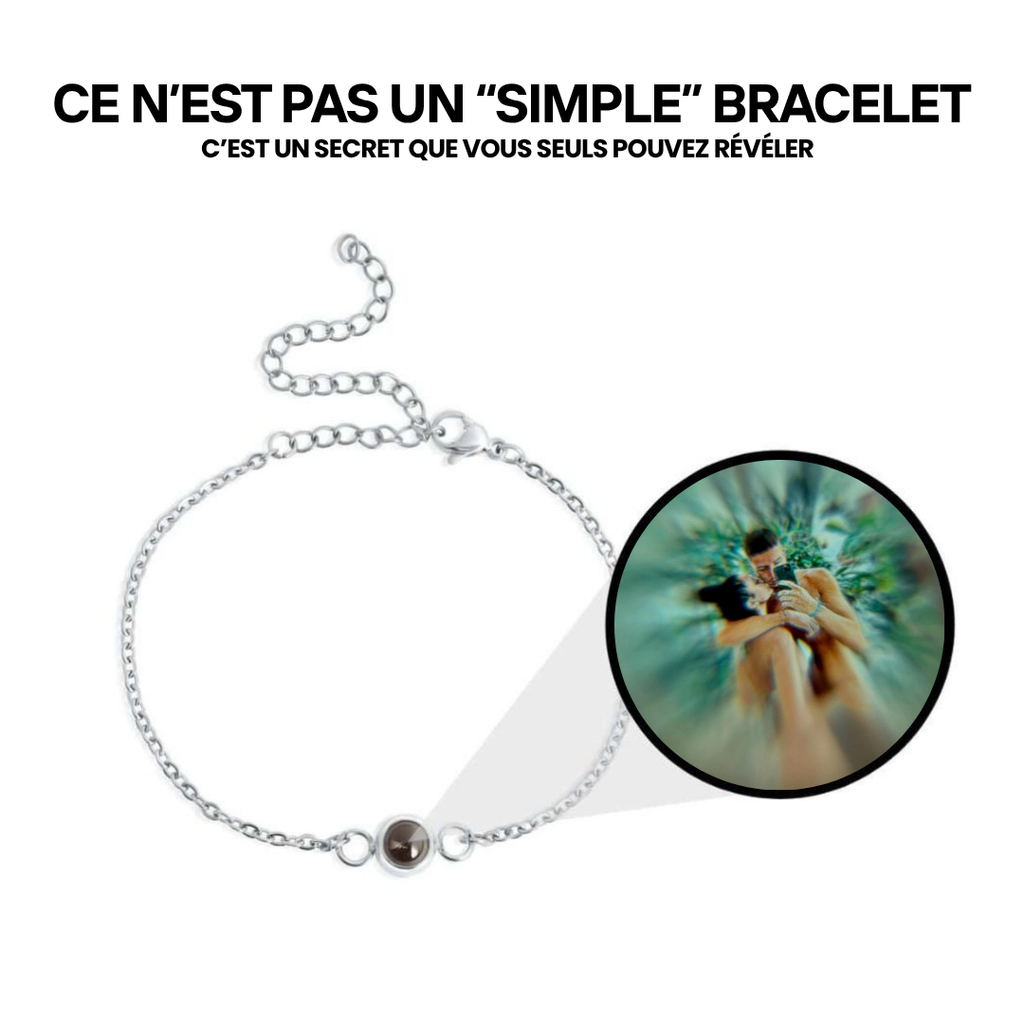 Bracelet couple chaîne argentée à projection photo : la photo d'un couple cachée dans la pierre