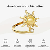 Bague anti-stress soleil Akira dorée et pictogrammes de ses usages au quotidien
