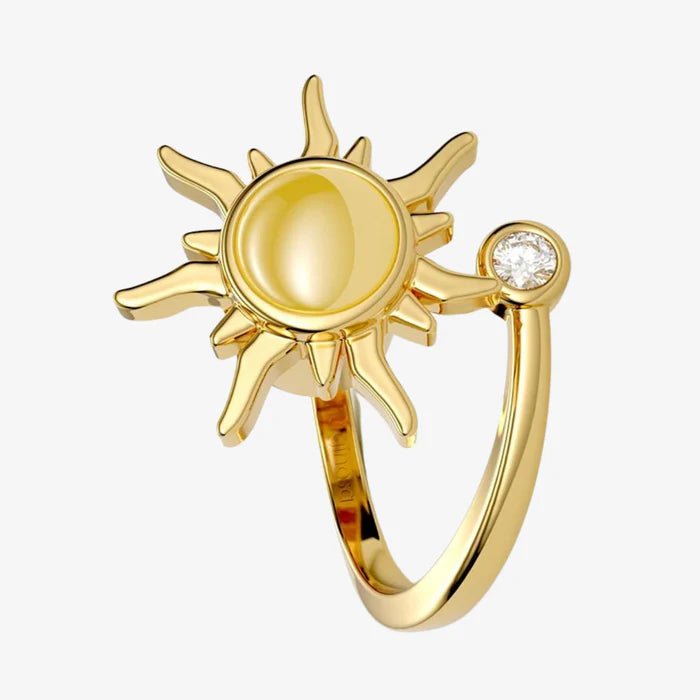 Bague anti-stress Akira dorée en forme de soleil, pierre centrale qui tourne, anneau ouvert ajustable