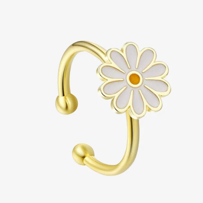 Bague anti-stress Marguerite dorée, fleur émaillée blanche qui tourne, anneau ouvert à boules