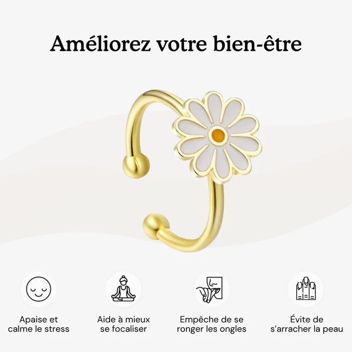 Bague anti-stress Marguerite dorée et pictogrammes de ses usages au quotidien