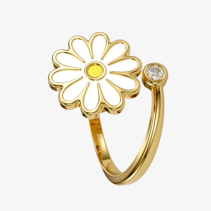 Bague anti-stress Tournesol dorée, fleur émaillée blanche au cœur jaune, anneau ouvert ajustable