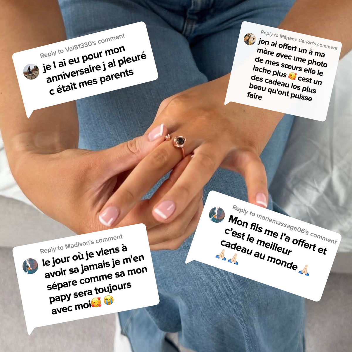 Bague projection photo portée, réactions de clients émus par leur bague personnalisée