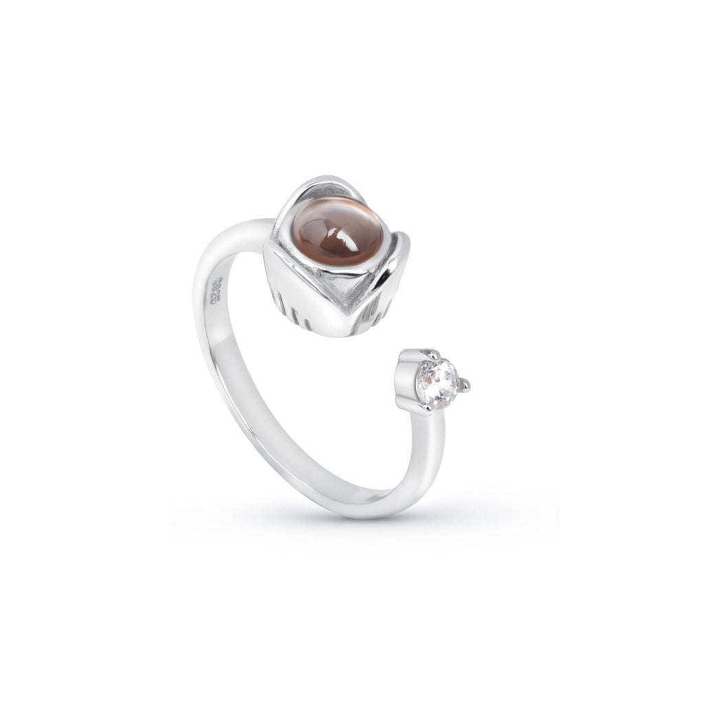 Bague photo personnalisée argentée à projection, pierre ronde et anneau ouvert ajustable
