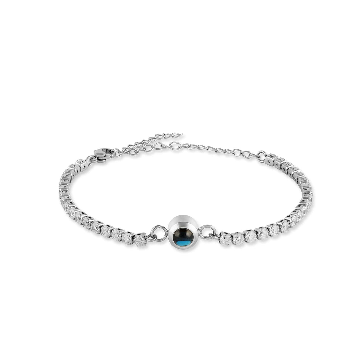 Bracelet diamant à projection photo argenté, rivière de strass et pierre à photo cachée