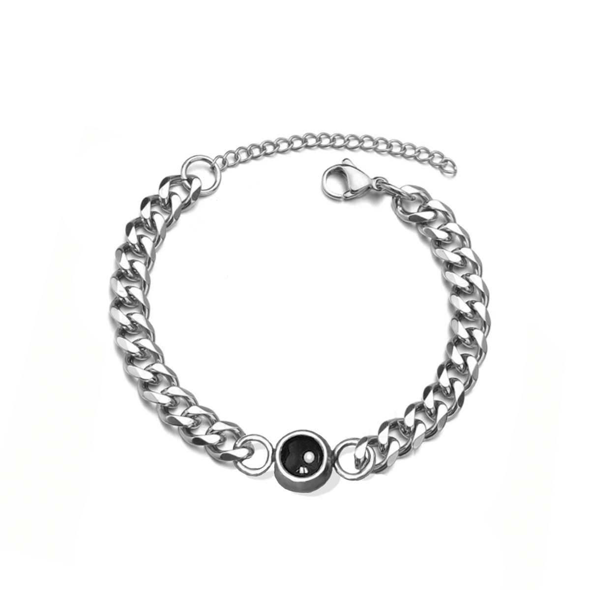 Bracelet homme chaîne cubaine argentée à projection photo, pierre noire et fermoir réglable