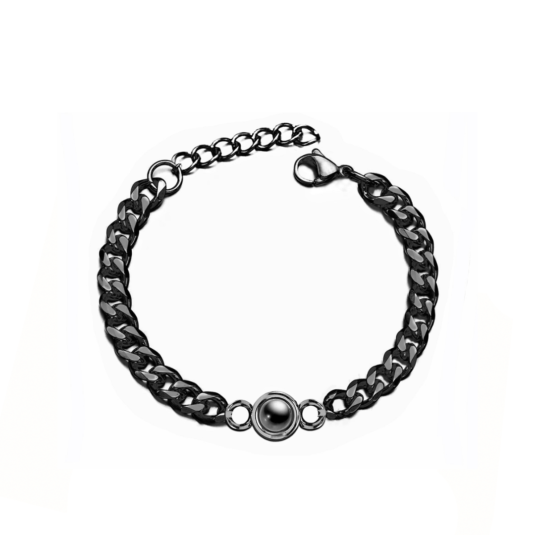 Bracelet homme chaîne cubaine noire avec pierre à projection photo personnalisée