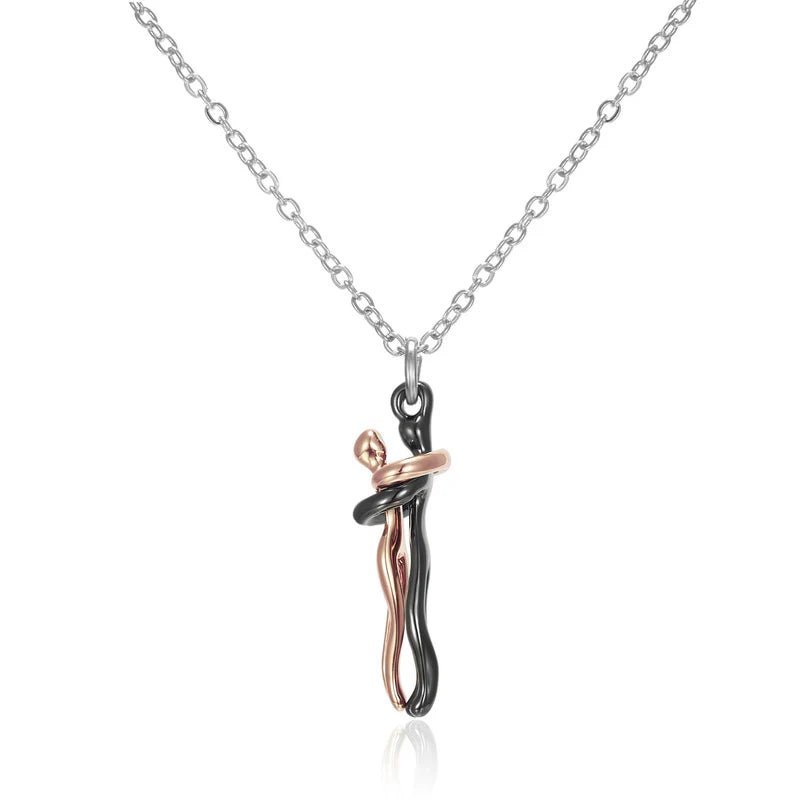 Pendentif couple enlacé or rose et noir, collier couple en acier inoxydable