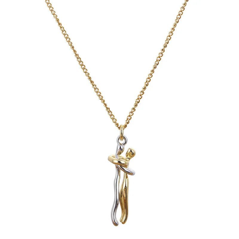 Pendentif couple enlacé argent et or sur chaîne dorée, collier câlin