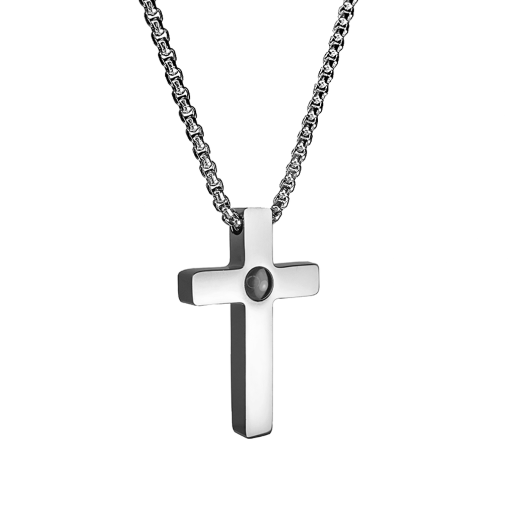 Pendentif photo pour homme croix pleine argentée et noire à projection personnalisée