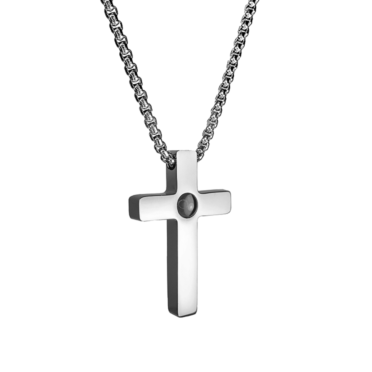 Pendentif photo pour homme croix pleine argentée et noire à projection personnalisée