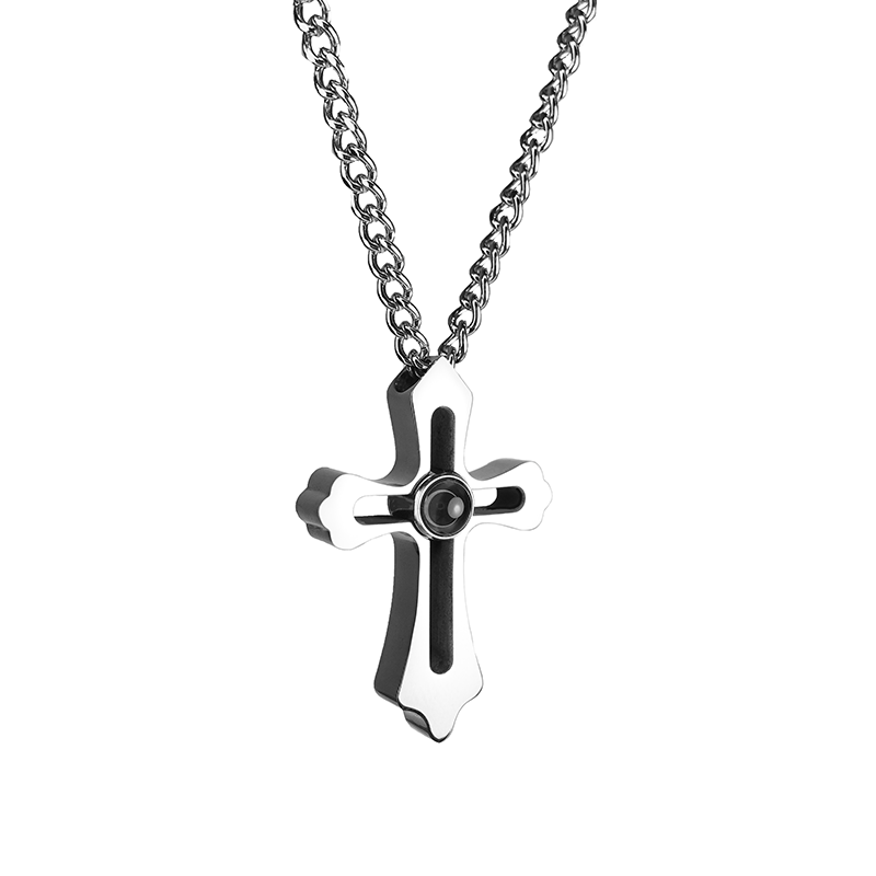Pendentif photo pour homme croix percée bicromatique argent et noir à projection