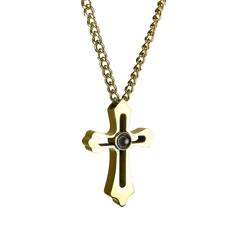 Pendentif photo pour homme croix percée dorée à projection, chaîne maillons or