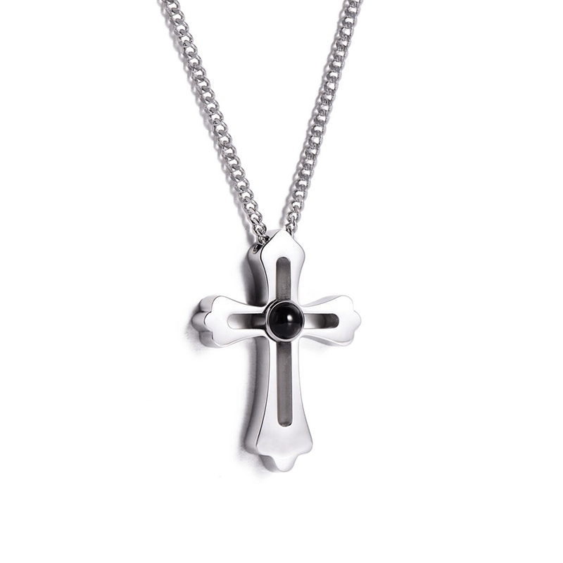 Collier photo pour homme avec pendentif croix percée argenté à projection personnalisé