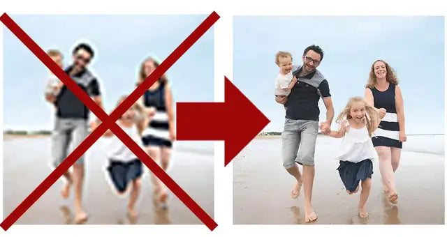 À gauche, une photo de famille floue, barrée. À droite, la même photo nette.